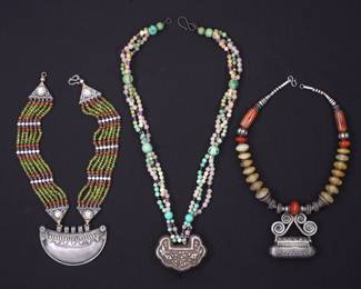 Lot 136: Three Sino-Tibet Silver and Multi Stone Bead Necklaces