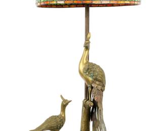 Lot 324: Bronze Figural Peacocks Leaded Glass Shade Lamp