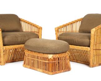 Lot 144a: Pair Large McGuire Rattan Lounge Chairs & Ottoman