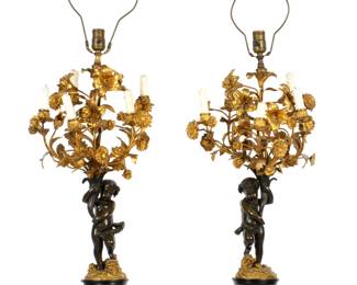 Lot 117: Pair Parcel Gilt Figural Putti Bronze Candelabra Lamps