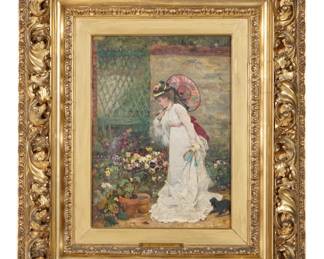 Lot 47: Armand Charnay Lady with Parasol in Flower Garden