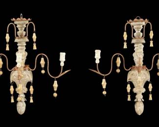 Lot 38: Pair Early Italian Carved Wood & Iron Sconces