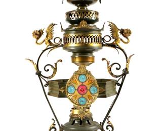 Lot 241: Antique Bronze Figural Train Station Hanging Light