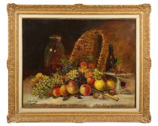 Lot 232: Large Gustave Madelain Still Life Basket of Fruit Painting
