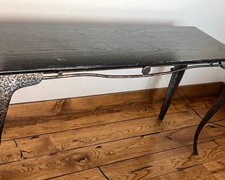 $450 - VERY HEAVY Sofa Table - Cast iron base with wood Top (59”Lx19”x 29.5”H)