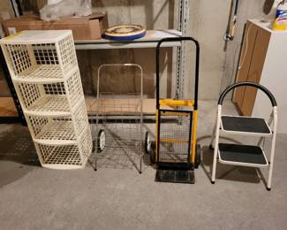 4Tier Plastic Shelving, Grocery Cart, Two Wheel Dolly, Twostep Step Ladder