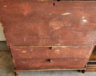 New England Pine 2 Drawer Blanket Chest with Original Red Paint. Circa 1840.