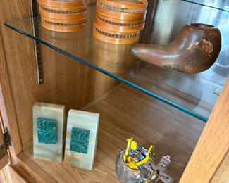 vintage coasters, antique pipe, marble bookends, cross