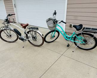 Just added to the sale! Green step-through electric Townie bike with Bosch battery. $500; white men’s electric Townie bike with Bosch battery $500.