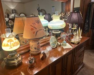 Lamps, Fenton Lamp (Hand-painted and signed by artist) includes Plate and Bell and certificate, Dresser
