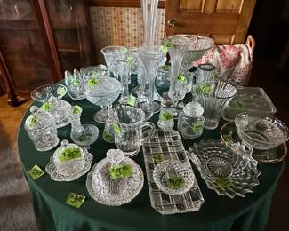 Clear Cutglass including Vases, Covered Butter Dishes, Salt and Pepper Shakers, Bowls, Trays, Refrigerator Bowls, Candy Dishes, Cream and Sugar Bowls, etc.
