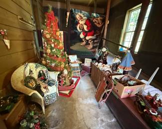 3 Christmas Trees (1 is FREE), Santa Rug, Christmas Tree Skirts, Christmas Afghan, Wreaths, Sled, Cedar Chest, Christmas Chimes.