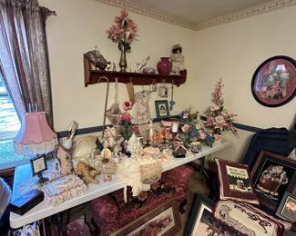 Victorian Collection of items, Victorian Bench, dolls, Sarah's Attic and All God's Children, Santa pillows and pictures, Cherry Shelf, Victorian lamps.