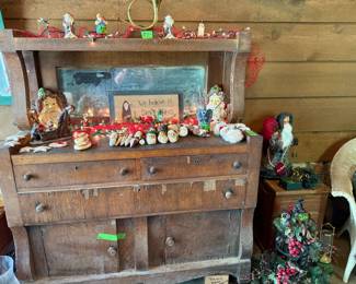 Antique Tiger Oak Buffet, Christmas Decor, Ornaments, Lights, Rowe Pottery Angel, Santas,