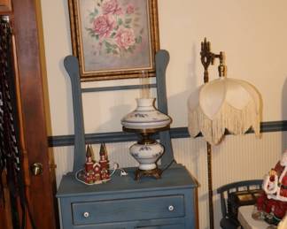 Blue Washstand, Hand-painted Oil on Canvas by Dorothy Montgomery, Lamp with Fretwork like Fenton, Victorian Floor Lamp