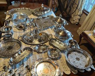 Sterling Silver Trays, Covered Casseroles, and Other Serving Pieces, Spinning Wheel, Dining Room Table and Chairs, Serving Buffet