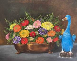Blue Duck And Flowers Painting