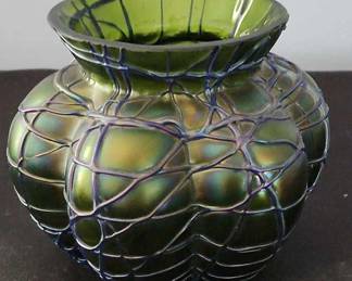 PALLME KONIGTEPLITZ BLUE WHITE VEINS ON GREEN GLASS, GOURD SHAPED VASE