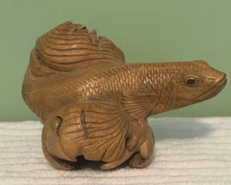 Vintage Wood Fish Carving Intricate Tail Scales