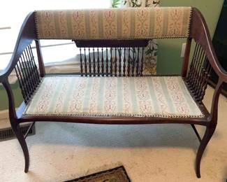 Art Deco Style Wood Fabric Bench with Thin Spindles