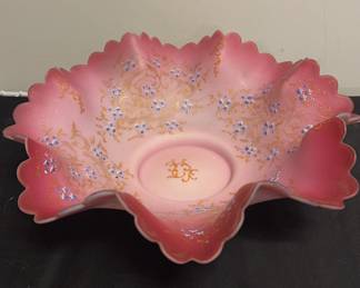 Victorian Pink Brides Bowl Art Glass Enamel
