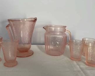 Anchor Hocking Mayfair Open Rose depression glass pitcher and four glasses