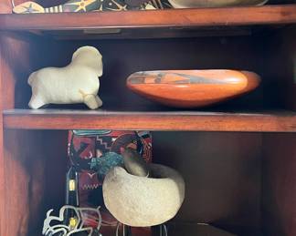 Medicine Stick Snake, Metate and Mano with whirling log design, Hopi Jeddito Bowl, repaired, circa 1700s, Signed Hopi Bowl, circa 1920