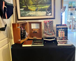 Berger 1969 Surveyer's transit (no telescope), Vintage 1960/70s Arizona Highways, June Woolsey San Diego artist - "Descanso Park", Victoria's Secret new Tote