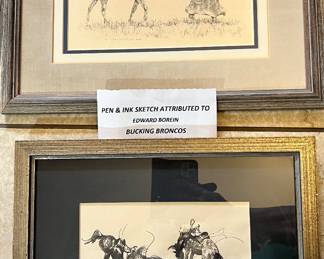 Wieghorst (Original?) Mother and Child Pen and Ink Bucking Broncos attributed to Edward Borein with Appraisal