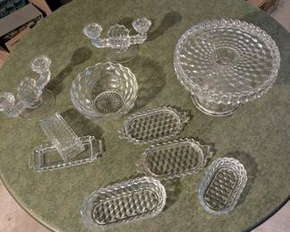 Fostoria collection-
18 water goblets
16 saucers
16 cups
19 small bread plates
1 candy dish with lid
20 dinner plates
2 salt shakers, 2 pepper shakers
2 serving platters
3 sugar bowls
5 creamers
1 divided veg/relish serving dish
1 small candy dish with hook handle
1 keyhole platter
1 toothpick holder
1 oval serving dish
10 small plates
5 dessert dishes
8 juice glasses
7 small fruit dishes
1 handled serving dish
2 candelabras holds three candles
1 cake server
1 round serving dish
1 butter dish with cover
1 small serving dish with like for jam
2 small oval serving dishes
2 flat butter dishes no co