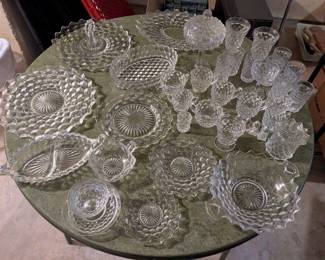 Fostoria collection-
18 water goblets
16 saucers
16 cups
19 small bread plates
1 candy dish with lid
20 dinner plates
2 salt shakers, 2 pepper shakers
2 serving platters
3 sugar bowls
5 creamers
1 divided veg/relish serving dish
1 small candy dish with hook handle
1 keyhole platter
1 toothpick holder
1 oval serving dish
10 small plates
5 dessert dishes
8 juice glasses
7 small fruit dishes
1 handled serving dish
2 candelabras holds three candles
1 cake server
1 round serving dish
1 butter dish with cover
1 small serving dish with like for jam
2 small oval serving dishes
2 flat butter dishes no co