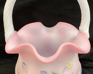 FENTON HAND PAINTED #986/2750 PERIWINKLE BURMESE BASKET, 6’’H