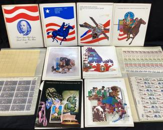 ASSORTED COMMEMORATIVE STAMPS, 1972-79 U.S. STAMP BOOKS, STAMP SHEETS- WILDFLOWERS, MLK, COMMERCE BANKING, 1975 XMAS, APOLLO, 1980 OLYMPICS