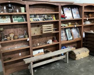 CHOICE SHELF LOT, VTG. ADVERTISING, HAND PAINTED MILK GLASS PITCHER & MUGS, VTG. WOODEN BENCH, NATIVE AMERICAN ART, BASEBALL CARD GROUP, SMALL FURNITURE