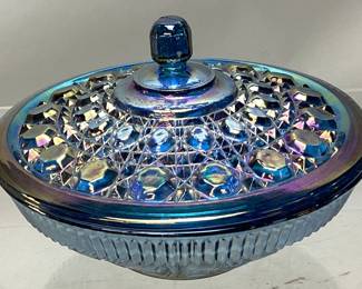 VTG. WINDSOR BLUE CARNIVAL GLASS CANDY DISH