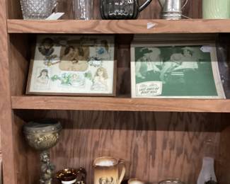 CHOICE SHELF LOT, VTG. ADVERTISING, HAND PAINTED MILK GLASS PITCHER & MUGS, VTG. WOODEN BENCH, NATIVE AMERICAN ART, BASEBALL CARD GROUP, SMALL FURNITURE