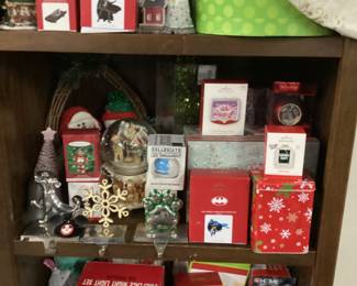 CABINET FULL OF CHRISTMAS DECOR, HALLMARKORNAMENTS, CHRISTMAS FIGURINES