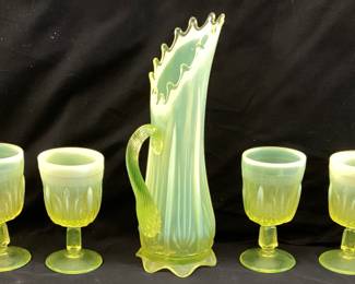 1988 FENTON TOPAZ CACTUS OPALESCENT URANIUM GLASS WATER SET INCLUDES 13.5’’h PITCHER WITH 6 GOBLETS 6’’h