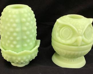 (2) FENTON CUSTARD LIME OWL & HOBNAIL FAIRY LAMPS,