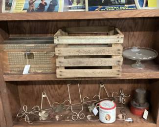 CHOICE SHELF LOT, VTG. ADVERTISING, HAND PAINTED MILK GLASS PITCHER & MUGS, VTG. WOODEN BENCH, NATIVE AMERICAN ART, BASEBALL CARD GROUP, SMALL FURNITURE