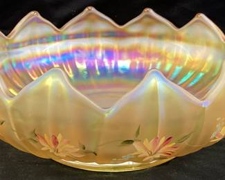 MARIGOLD HAND PAINTED CARNIVAL GLASS RUFFLED BOWL