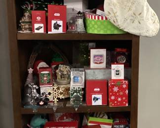 CABINET FULL OF CHRISTMAS DECOR, HALLMARKORNAMENTS, CHRISTMAS FIGURINES