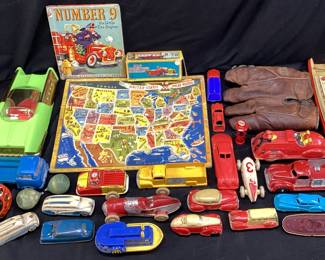 ASSORTED VTG. TOYS, CARS, BOATS, PUZZLE, NUMBER 9 LITTLE FIRE ENGINE BOOK, MARX CARS, TIN SPIN TOP, TIN CARS