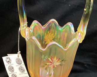 VTG. 9’’ FENTON ART GLASS GOLD BASKET, HAND PAINTED SIGNED J.K.SPINDLE! ALSO HAS GLASS MAKERS MARK ON HANDLES