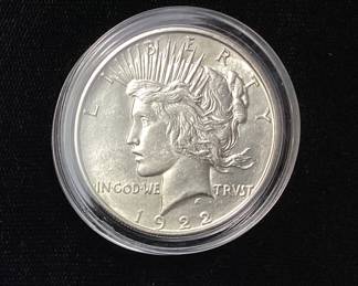 1922-D SILVER PEACE DOLLAR, UNGRADED, VGC