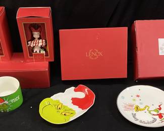 (5) LENOX CHRISTMAS GRINCH GROUP, DISHES, ORNAMENTS, 1 MUG