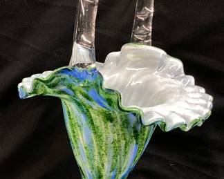 11’’ VTG. FENTON VASA MURRHINA BLUE GREEN ADVENTURINE BASKET