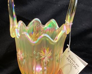 VTG. 9’’ FENTON ART GLASS GOLD BASKET, HAND PAINTED SIGNED J.K.SPINDLE! ALSO HAS GLASS MAKERS MARK ON HANDLES