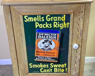 1940s SIR WALTER RALEIGH TOBACCO SIGN WOOD CABINET