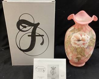 FENTON CENTENNIAL BURMESE DIAMOND OPTIC POPPIES VASE SIGNED BY BILL FENTON & D. ROBINSON